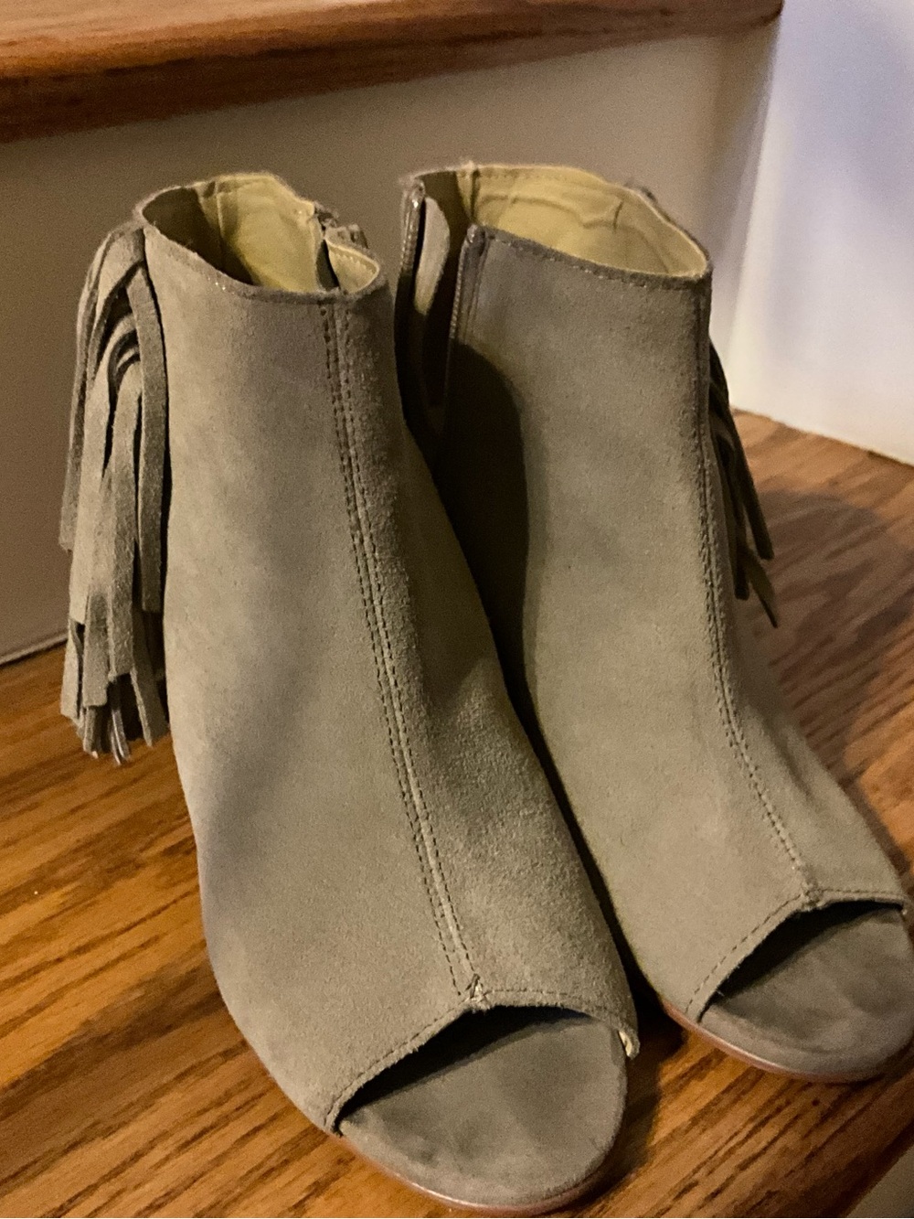 Kensie Gray Suede Peep-Toe Fringe Ankle Booties